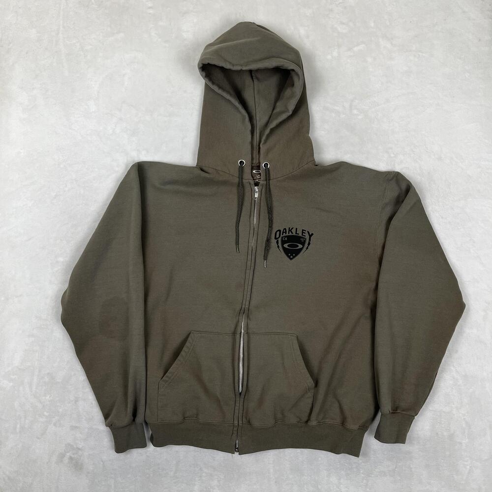 VTG Oakley Hoodie Mens Large Green Full Zip Fleece Sweatshirt Shield Logo Y2K